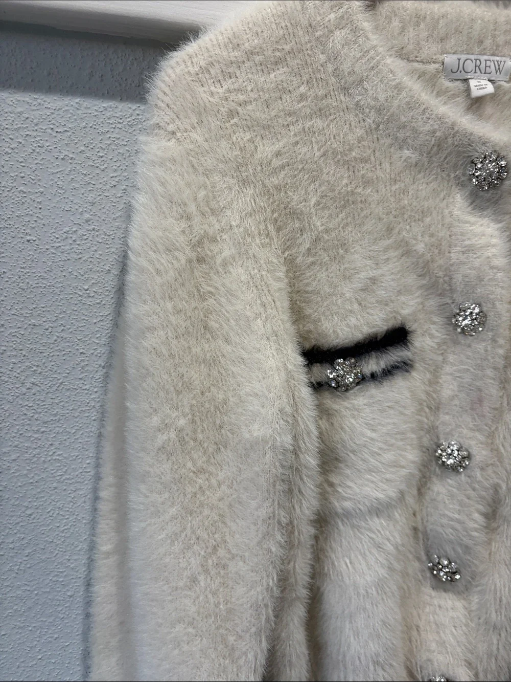 J. Crew Cream Fuzzy Button-Front Cardigan with Black Trim